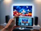 Uma sala de estar elegante e moderna com uma TV de tela plana fixada na parede. Em primeiro plano, a mão de uma pessoa segurando um smartphone espelha a tela da TV em uma conexão sem fio perfeita. Uma iluminação ambiente suave ilumina o cenário, criando uma atmosfera aconchegante e tecnológica. A TV exibe uma imagem vibrante e de alta definição, demonstrando os recursos de espelhamento. A composição geral destaca a integração fácil da tecnologia móvel com sistemas de entretenimento doméstico, demonstrando o processo de "espelhamento de tela do Android".