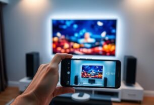 Como Espelhar o Celular na TV Passo a Passo. 62 Uma sala de estar elegante e moderna com uma TV de tela plana fixada na parede. Em primeiro plano, a mão de uma pessoa segurando um smartphone espelha a tela da TV em uma conexão sem fio perfeita. Uma iluminação ambiente suave ilumina o cenário, criando uma atmosfera aconchegante e tecnológica. A TV exibe uma imagem vibrante e de alta definição, demonstrando os recursos de espelhamento. A composição geral destaca a integração fácil da tecnologia móvel com sistemas de entretenimento doméstico, demonstrando o processo de "espelhamento de tela do Android".