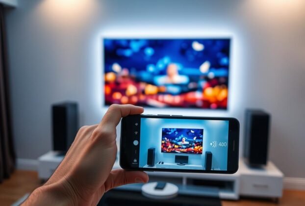 Uma sala de estar elegante e moderna com uma TV de tela plana fixada na parede. Em primeiro plano, a mão de uma pessoa segurando um smartphone espelha a tela da TV em uma conexão sem fio perfeita. Uma iluminação ambiente suave ilumina o cenário, criando uma atmosfera aconchegante e tecnológica. A TV exibe uma imagem vibrante e de alta definição, demonstrando os recursos de espelhamento. A composição geral destaca a integração fácil da tecnologia móvel com sistemas de entretenimento doméstico, demonstrando o processo de "espelhamento de tela do Android".