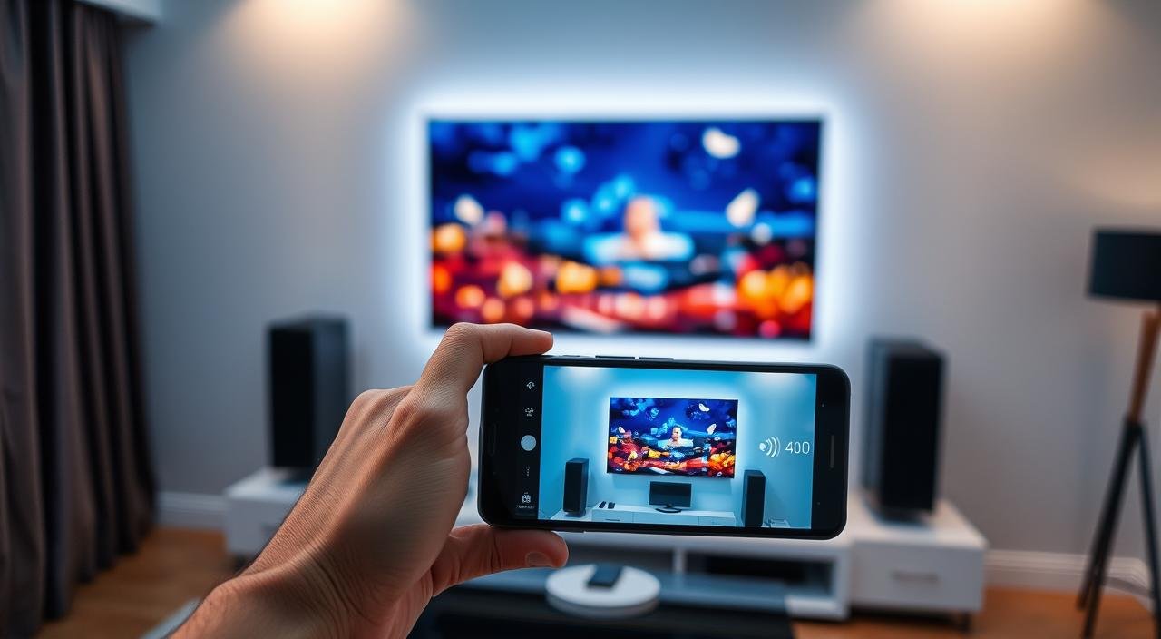 Como Espelhar o Celular na TV Passo a Passo. 1 Uma sala de estar elegante e moderna com uma TV de tela plana fixada na parede. Em primeiro plano, a mão de uma pessoa segurando um smartphone espelha a tela da TV em uma conexão sem fio perfeita. Uma iluminação ambiente suave ilumina o cenário, criando uma atmosfera aconchegante e tecnológica. A TV exibe uma imagem vibrante e de alta definição, demonstrando os recursos de espelhamento. A composição geral destaca a integração fácil da tecnologia móvel com sistemas de entretenimento doméstico, demonstrando o processo de "espelhamento de tela do Android".