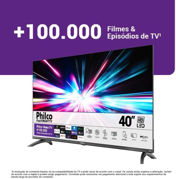 Smart TV 40 Philco Roku TV LED PTV40M9GR2CGB é boa? 3 Smart TV 40 Philco Roku, LED e áudio Dolby, modelo PTV40M9GR2CGB, exibindo tela com imagem nítida.