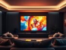 Uma sala de estar aconchegante com uma grande e moderna TV Samsung no centro das atenções. A tela emite uma experiência visual cativante e envolvente, sua tela preenchendo a sala com cores vibrantes e detalhes realistas. Assentos macios e confortáveis ​​circundam a TV, convidando os espectadores a mergulhar e mergulhar totalmente na experiência cinematográfica e sonora. A iluminação ambiente suave cria uma atmosfera relaxante semelhante à de um teatro, enquanto ângulos de câmera estratégicos e uma ampla perspectiva panorâmica mostram a escala impressionante da TV e a natureza envolvente e envolvente da experiência de visualização. A decoração do quarto é minimalista e sofisticada, permitindo que a TV seja a estrela do cenário.