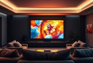 Melhor TV Samsung: Guia de Compra e Modelos Recomendados 47 Uma sala de estar aconchegante com uma grande e moderna TV Samsung no centro das atenções. A tela emite uma experiência visual cativante e envolvente, sua tela preenchendo a sala com cores vibrantes e detalhes realistas. Assentos macios e confortáveis circundam a TV, convidando os espectadores a mergulhar e mergulhar totalmente na experiência cinematográfica e sonora. A iluminação ambiente suave cria uma atmosfera relaxante semelhante à de um teatro, enquanto ângulos de câmera estratégicos e uma ampla perspectiva panorâmica mostram a escala impressionante da TV e a natureza envolvente e envolvente da experiência de visualização. A decoração do quarto é minimalista e sofisticada, permitindo que a TV seja a estrela do cenário.