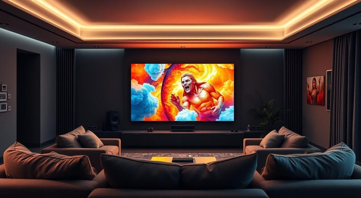 Melhor TV Samsung: Guia de Compra e Modelos Recomendados 1 Uma sala de estar aconchegante com uma grande e moderna TV Samsung no centro das atenções. A tela emite uma experiência visual cativante e envolvente, sua tela preenchendo a sala com cores vibrantes e detalhes realistas. Assentos macios e confortáveis circundam a TV, convidando os espectadores a mergulhar e mergulhar totalmente na experiência cinematográfica e sonora. A iluminação ambiente suave cria uma atmosfera relaxante semelhante à de um teatro, enquanto ângulos de câmera estratégicos e uma ampla perspectiva panorâmica mostram a escala impressionante da TV e a natureza envolvente e envolvente da experiência de visualização. A decoração do quarto é minimalista e sofisticada, permitindo que a TV seja a estrela do cenário.