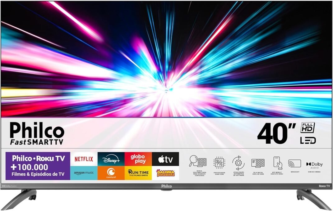 Smart TV 40 Philco Roku TV LED PTV40M9GR2CGB é boa? 2 Smart TV 40 Philco Roku, LED e áudio Dolby, modelo PTV40M9GR2CGB, exibindo tela com imagem nítida.