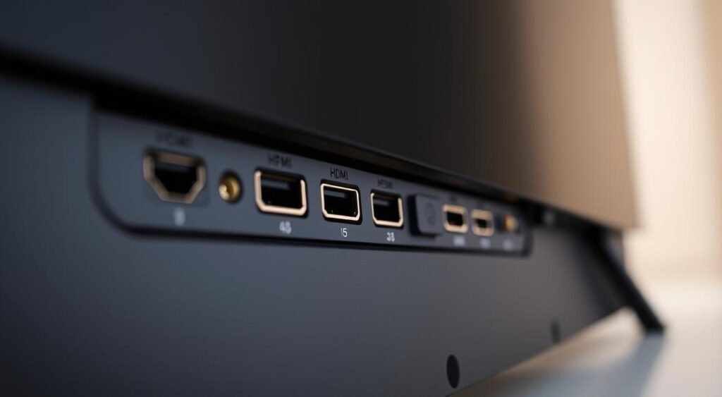 A close-up, high-resolution image of the HDMI input ports on the back panel of a 55-inch LG UHD 55UA85 4K television. The inputs are clearly visible, with a clean, well-lit, and detailed rendering. The ports are arranged in an organized, symmetrical layout, highlighting their connectivity and functionality. The image captures the sleek, modern design of the TV, emphasizing the importance of these input options for connecting external devices like gaming consoles, streaming boxes, and sound systems. The lighting is soft and directional, creating depth and dimension, while the angle provides a natural, user-centric perspective. The overall mood is one of clarity, precision, and technological sophistication. A close-up, high-resolution image of the HDMI input ports on the back panel of a 55-inch LG UHD 55UA85 4K television. The inputs are clearly visible, with a clean, well-lit, and detailed rendering. The ports are arranged in an organized, symmetrical layout, highlighting their connectivity and functionality. The image captures the sleek, modern design of the TV, emphasizing the importance of these input options for connecting external devices like gaming consoles, streaming boxes, and sound systems. The lighting is soft and directional, creating depth and dimension, while the angle provides a natural, user-centric perspective. The overall mood is one of clarity, precision, and technological sophistication.