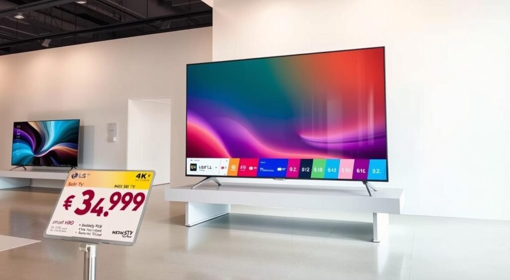 A modern, well-lit showroom displaying a prominent 55-inch LG UHD 55UA85 smart TV, showcased on a sleek, minimalist display stand. The television's screen is crisp and vibrant, demonstrating its 4K resolution and HDR capabilities. In the foreground, a price tag and promotional information is visible, highlighting the TV's cost-effective value proposition. The background features a clean, uncluttered environment, allowing the product to take center stage and command attention. The overall scene conveys a sense of quality, technology, and consumer-friendly pricing for this LG smart TV model. A modern, well-lit showroom displaying a prominent 55-inch LG UHD 55UA85 smart TV, showcased on a sleek, minimalist display stand. The television's screen is crisp and vibrant, demonstrating its 4K resolution and HDR capabilities. In the foreground, a price tag and promotional information is visible, highlighting the TV's cost-effective value proposition. The background features a clean, uncluttered environment, allowing the product to take center stage and command attention. The overall scene conveys a sense of quality, technology, and consumer-friendly pricing for this LG smart TV model.