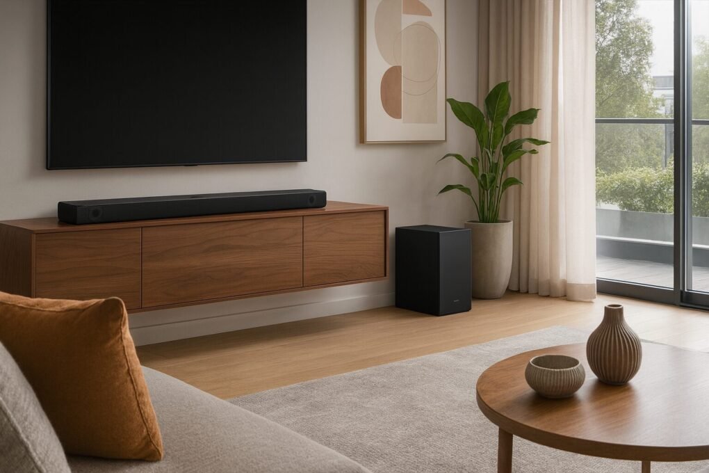 Imagem de uma sala de estar moderna e bem iluminada, com sofá bege e almofada marrom, mesa de centro de madeira com vasos decorativos, planta ao lado da parede, cortinas claras e grandes janelas. Em destaque, um soundbar e subwoofer pretos sobre um rack de madeira abaixo de uma TV de tela plana montada na parede, compondo um ambiente elegante e acolhedor.

