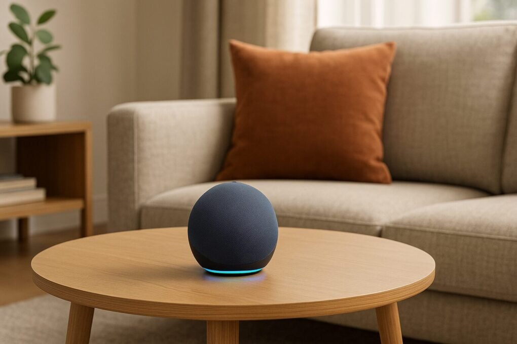 Echo Dot 5ª geração sobre uma mesa de madeira em uma sala moderna, com sofá cinza e almofadas coloridas ao fundo, iluminada por luz natural.