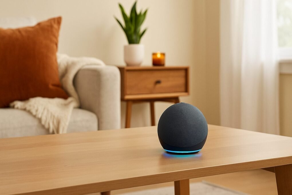 Echo Dot 5ª geração sobre uma mesa de centro de madeira em uma sala clara e moderna, com sofá bege, manta trançada e almofada laranja ao fundo, iluminada por luz natural.
