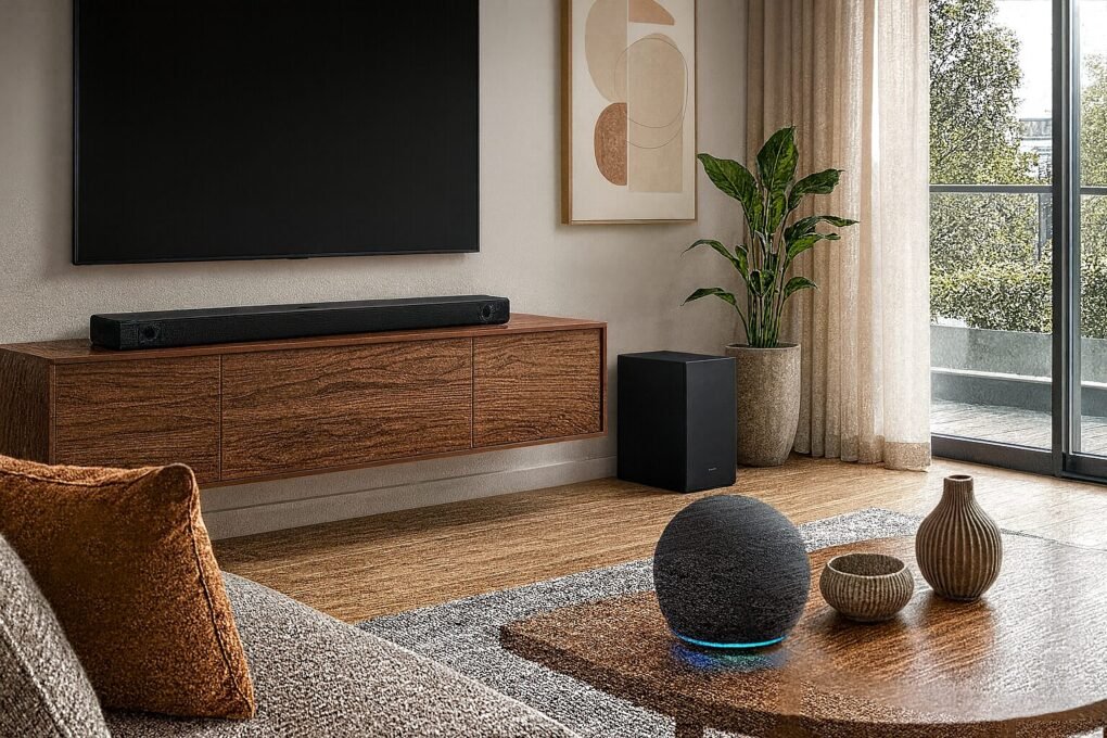 Echo Dot 5ª geração sobre uma mesa de centro de madeira em uma sala moderna com TV, soundbar, sofá e planta decorativa ao fundo, iluminada por luz natural vinda da varanda.
