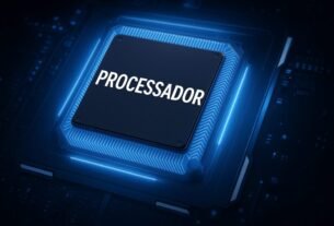Qual é o Melhor Processador de TV para TVs 4K? 13 Chip metálico azul com luzes futuristas e a palavra “PROCESSADOR?” gravada no centro, sobre uma placa de circuito iluminada em tom azul, representando tecnologia e desempenho avançado.