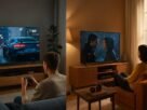 Comparativo visual entre duas TVs 4K — à esquerda, um garoto joga videogame em uma TV Samsung Crystal UHD em ambiente moderno com iluminação azul; à direita, uma mulher assiste a um filme romântico em uma TV LG UHD em sala aconchegante com luz quente.