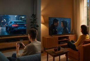Samsung Crystal UHD vs LG UHD: Qual Escolher em 2025? 46 Comparativo visual entre duas TVs 4K — à esquerda, um garoto joga videogame em uma TV Samsung Crystal UHD em ambiente moderno com iluminação azul; à direita, uma mulher assiste a um filme romântico em uma TV LG UHD em sala aconchegante com luz quente.