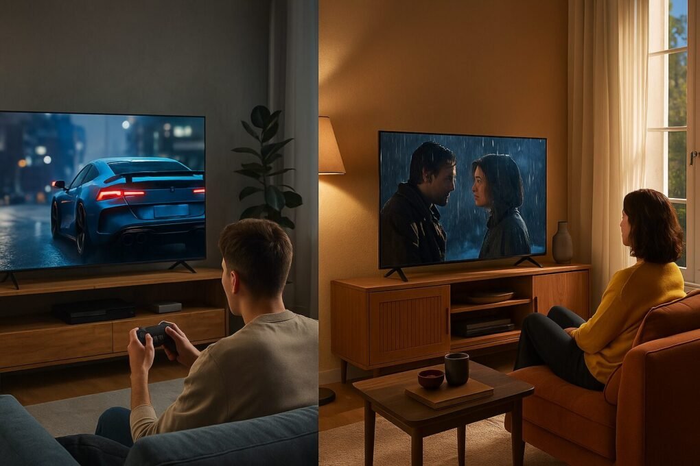 Samsung Crystal UHD vs LG UHD: Qual Escolher em 2025? 1 Comparativo visual entre duas TVs 4K — à esquerda, um garoto joga videogame em uma TV Samsung Crystal UHD em ambiente moderno com iluminação azul; à direita, uma mulher assiste a um filme romântico em uma TV LG UHD em sala aconchegante com luz quente.
