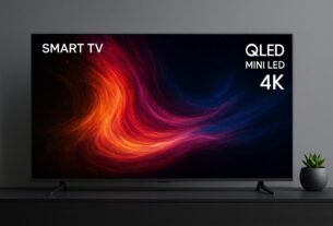 Smart TV TCL 75 Polegadas QLED Mini LED 4K: Vale a Pena? 23 Smart TV TCL de 75 polegadas QLED Mini LED 4K em uma sala moderna, exibindo cores vibrantes em tons de vermelho e azul, sobre um móvel escuro com vaso decorativo ao lado e parede cinza ao fundo.