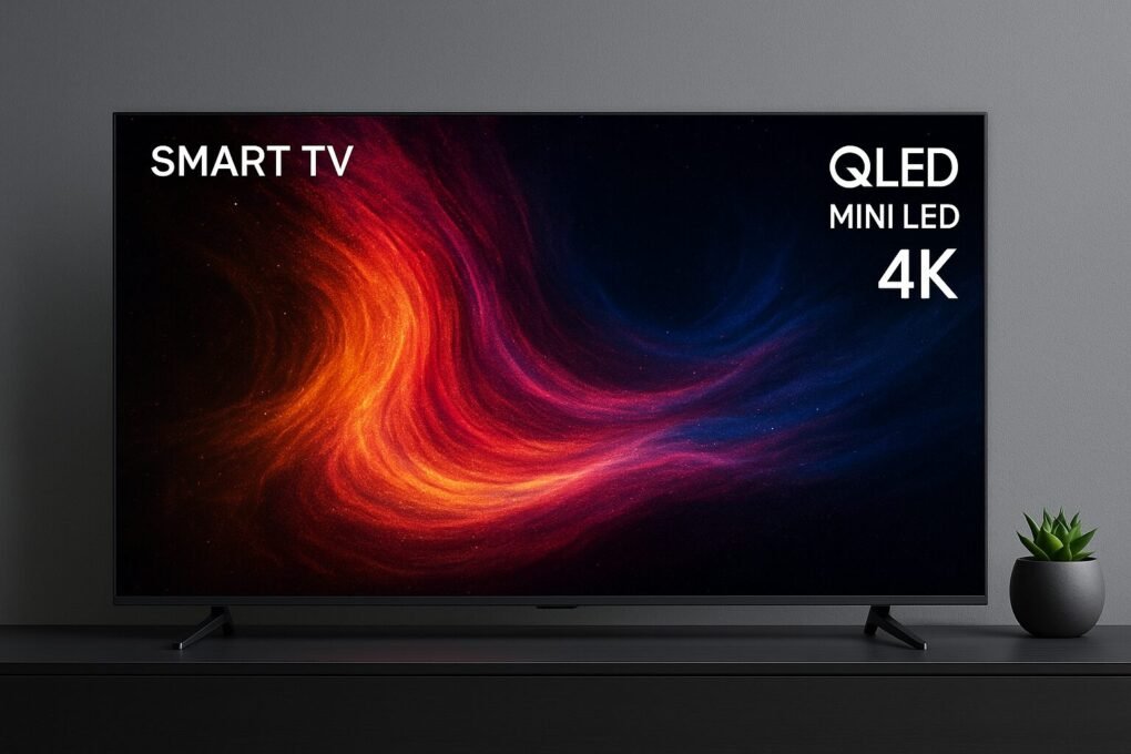 Smart TV TCL 75 Polegadas QLED Mini LED 4K: Vale a Pena? 1 Smart TV TCL de 75 polegadas QLED Mini LED 4K em uma sala moderna, exibindo cores vibrantes em tons de vermelho e azul, sobre um móvel escuro com vaso decorativo ao lado e parede cinza ao fundo.