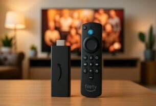 Fire TV Stick HD: Stream in HD with Voice Control. 12 Uma paisagem digital de alta definição que exibe a vibrante qualidade da experiência de streaming com um Fire TV Stick. Em primeiro plano, um elegante dispositivo Fire TV Stick se destaca, com suas linhas limpas e design moderno complementando as imagens vívidas exibidas em uma televisão widescreen 4K. O cenário central apresenta uma sala de estar aconchegante, com móveis luxuosos e iluminação aconchegante, criando uma atmosfera convidativa para entretenimento doméstico imersivo. Ao fundo, um panorama abrangente de um vibrante horizonte urbano ao entardecer, com os prédios e ruas iluminados pelo brilho dourado do pôr do sol. A cena geral transmite uma sensação de clareza cinematográfica, cores ricas e áudio cristalino, capturando perfeitamente a experiência de "Qualidade de imagem e áudio para transmissão em HD".