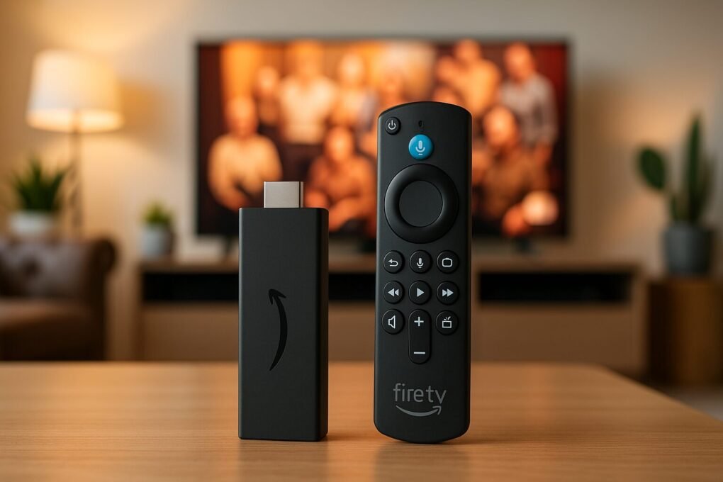 Uma paisagem digital de alta definição que exibe a vibrante qualidade da experiência de streaming com um Fire TV Stick. Em primeiro plano, um elegante dispositivo Fire TV Stick se destaca, com suas linhas limpas e design moderno complementando as imagens vívidas exibidas em uma televisão widescreen 4K. O cenário central apresenta uma sala de estar aconchegante, com móveis luxuosos e iluminação aconchegante, criando uma atmosfera convidativa para entretenimento doméstico imersivo. Ao fundo, um panorama abrangente de um vibrante horizonte urbano ao entardecer, com os prédios e ruas iluminados pelo brilho dourado do pôr do sol. A cena geral transmite uma sensação de clareza cinematográfica, cores ricas e áudio cristalino, capturando perfeitamente a experiência de "Qualidade de imagem e áudio para transmissão em HD".