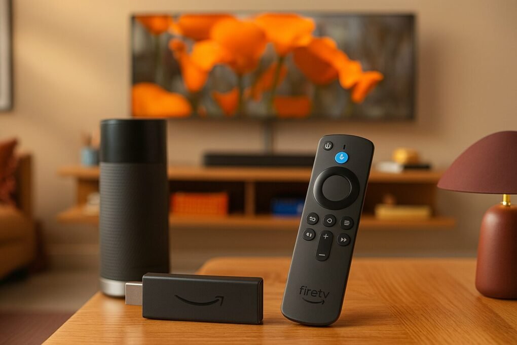 Fire TV Stick HD: Stream in HD with Voice Control. 3 Uma sala de estar com um controle remoto do Fire TV Stick em destaque em primeiro plano. O controle remoto tem um design elegante e moderno, com botões de controle por voz proeminentes. Atrás do controle, uma caixa de som inteligente Amazon Alexa é visível, projetando um brilho suave. O fundo apresenta um ambiente doméstico aconchegante e acolhedor, com iluminação sutil e toques de tela de televisão. A cena geral transmite a integração perfeita entre controle por voz e tecnologia de streaming, destacando a conveniência e a funcionalidade do Fire TV Stick HD.