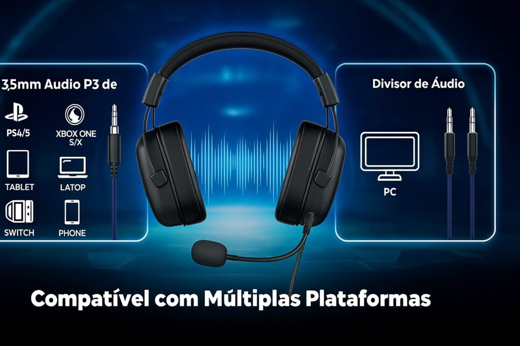 Havit Headphone H2002d: Conforto e Qualidade Sonora. 6 A imagem mostra o headset Havit HV-H2002D centralizado, flutuando em um fundo futurista azul com padrões de ondas sonoras. À esquerda, há ícones representando dispositivos compatíveis com o conector 3,5 mm: PS4/5, Xbox One S/X, tablet, notebook, Nintendo Switch e celular. À direita, está o divisor de áudio para PC, com dois plugs 3,5 mm. Na parte inferior, em destaque, aparece o texto em português: “Compatível com Múltiplas Plataformas”. O headset apresenta design preto elegante, microfone ajustável e auriculares acolchoados, com iluminação e efeitos que destacam o produto em um contexto tecnológico.