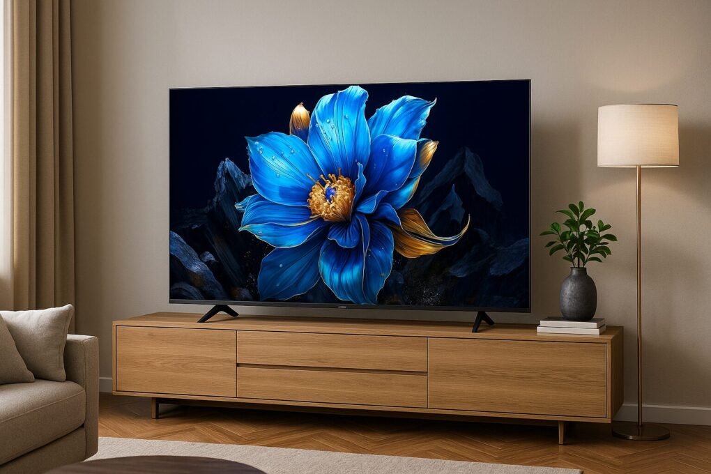 Smart TV TCL 50” QLED 4K P7K – Review Completo. 2 Sala moderna e elegante com sofá cinza, mesa de centro e planta, exibindo a Smart TV TCL 50” QLED 4K P7K com imagem vibrante de flor azul, sem texto na tela.