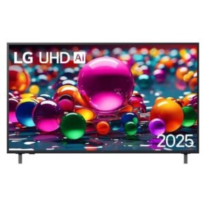 Smart TV LG UHD 55 polegadas 4K AI 2025 com design moderno e bordas finas, exibindo imagens coloridas e vibrantes de esferas 3D na tela
