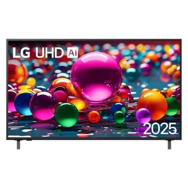 Smart TV LG UHD 55 polegadas 4K AI 2025 com design moderno e bordas finas, exibindo imagens coloridas e vibrantes de esferas 3D na tela