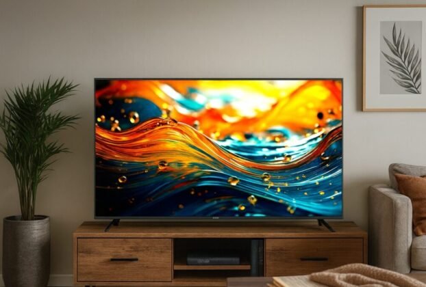 Smart TV HQ 40” em uma sala aconchegante sobre rack de madeira exibindo imagem vibrante na tela.