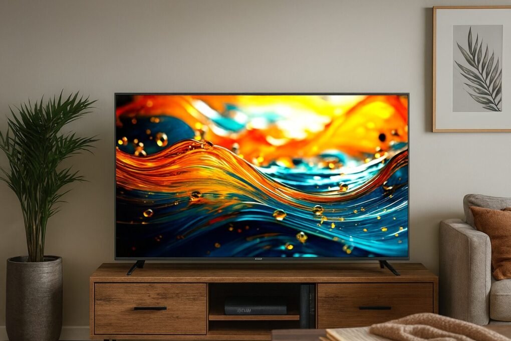 Smart TV HQ 40” em uma sala aconchegante sobre rack de madeira exibindo imagem vibrante na tela.