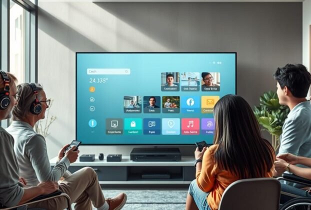 Uma interface de televisão futurista e altamente acessível que apresenta recursos avançados de acessibilidade. Em primeiro plano, um grupo diversificado de usuários interagindo com a TV usando tecnologias assistivas como comandos de voz, rastreamento ocular e controladores especializados. O meio-termo representa uma tela de TV limpa e minimalista exibindo conteúdo educacional e de serviço público envolvente, com ícones intuitivos e menus de navegação. O fundo apresenta um ambiente de sala de estar elegante e moderno, com iluminação natural abundante e cores calmantes, transmitindo uma sensação de inclusão e empoderamento. A cena irradia uma sensação de progresso tecnológico, equidade social e o potencial transformador da TV 3.0 para acessibilidade, educação e serviços públicos.